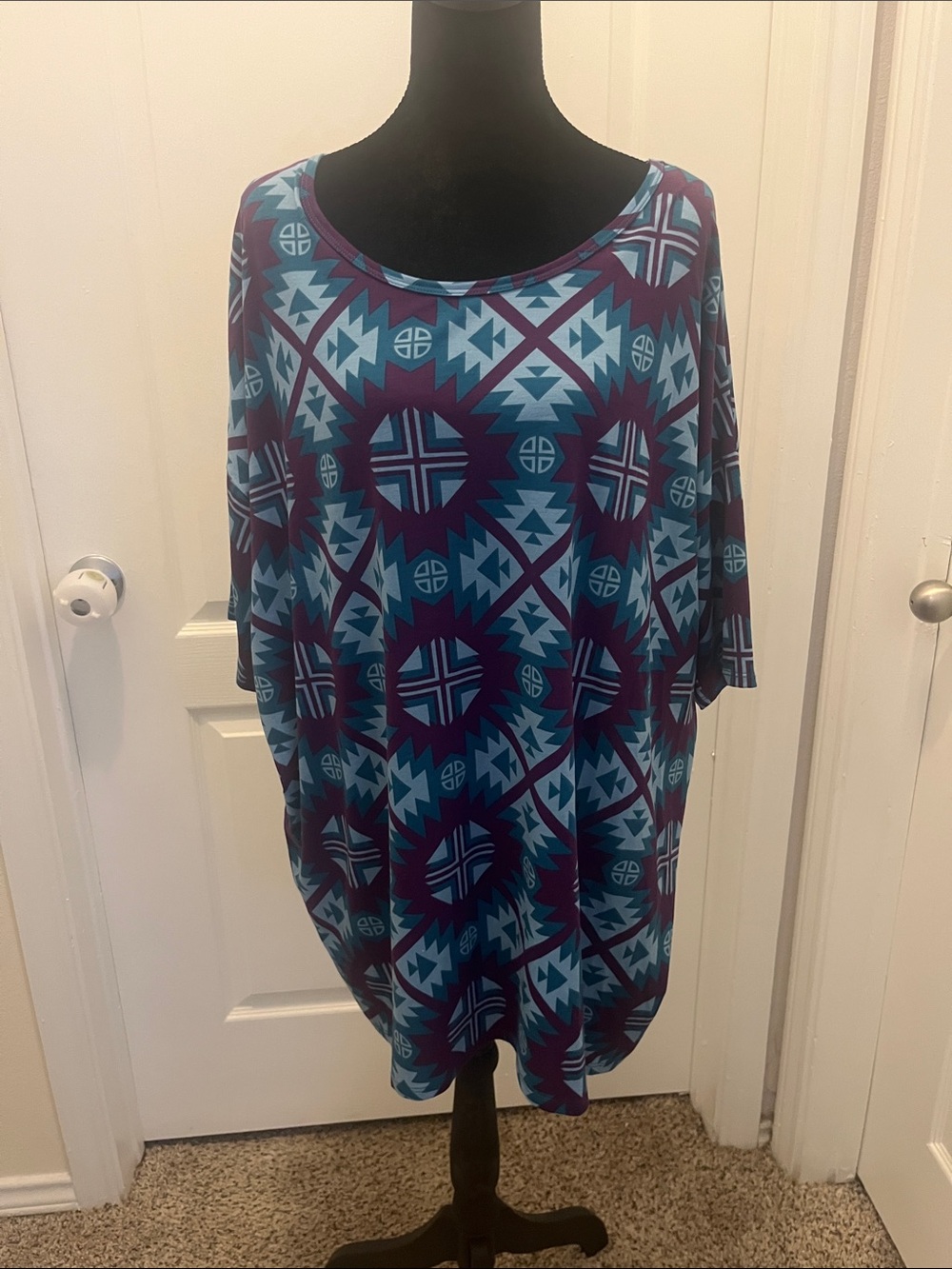 LuLaRoe Woman’s Short Sleeve Shirt - Purple and Teal Aztec Design